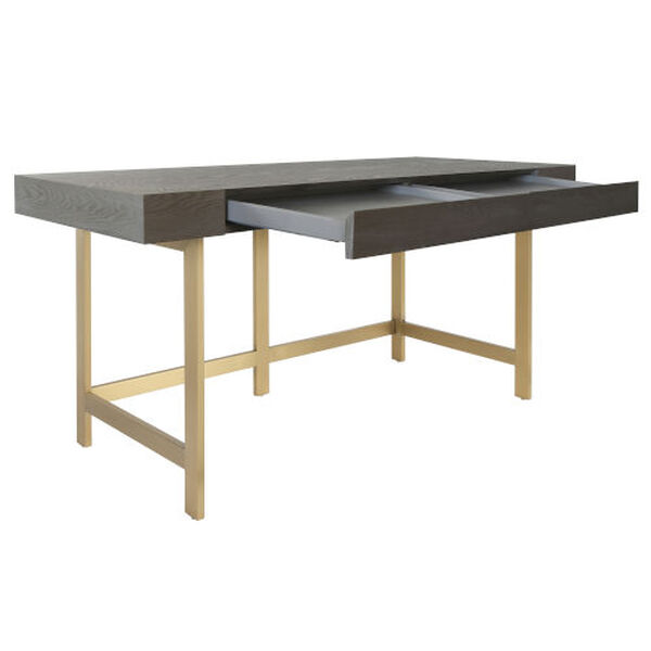 Boone Antique Brass Two Drawer Desk with Brushed Brass Base and Smoke Grey Oak Top, image 3